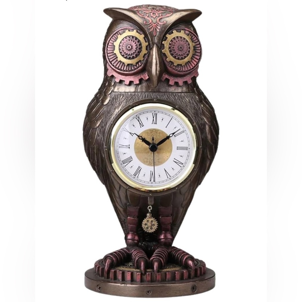 10.5” Steampunk Owl Mantle Shelf Clock Figurine Bronze Copper Metallic Halloween